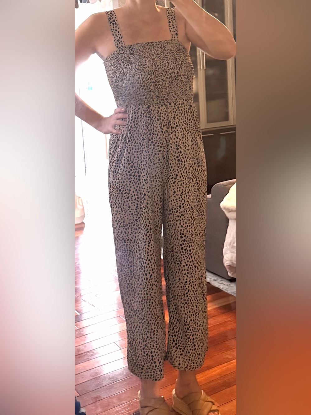 SHEIN Beige Smocked Animal-Print Wide-Leg Jumpsuit